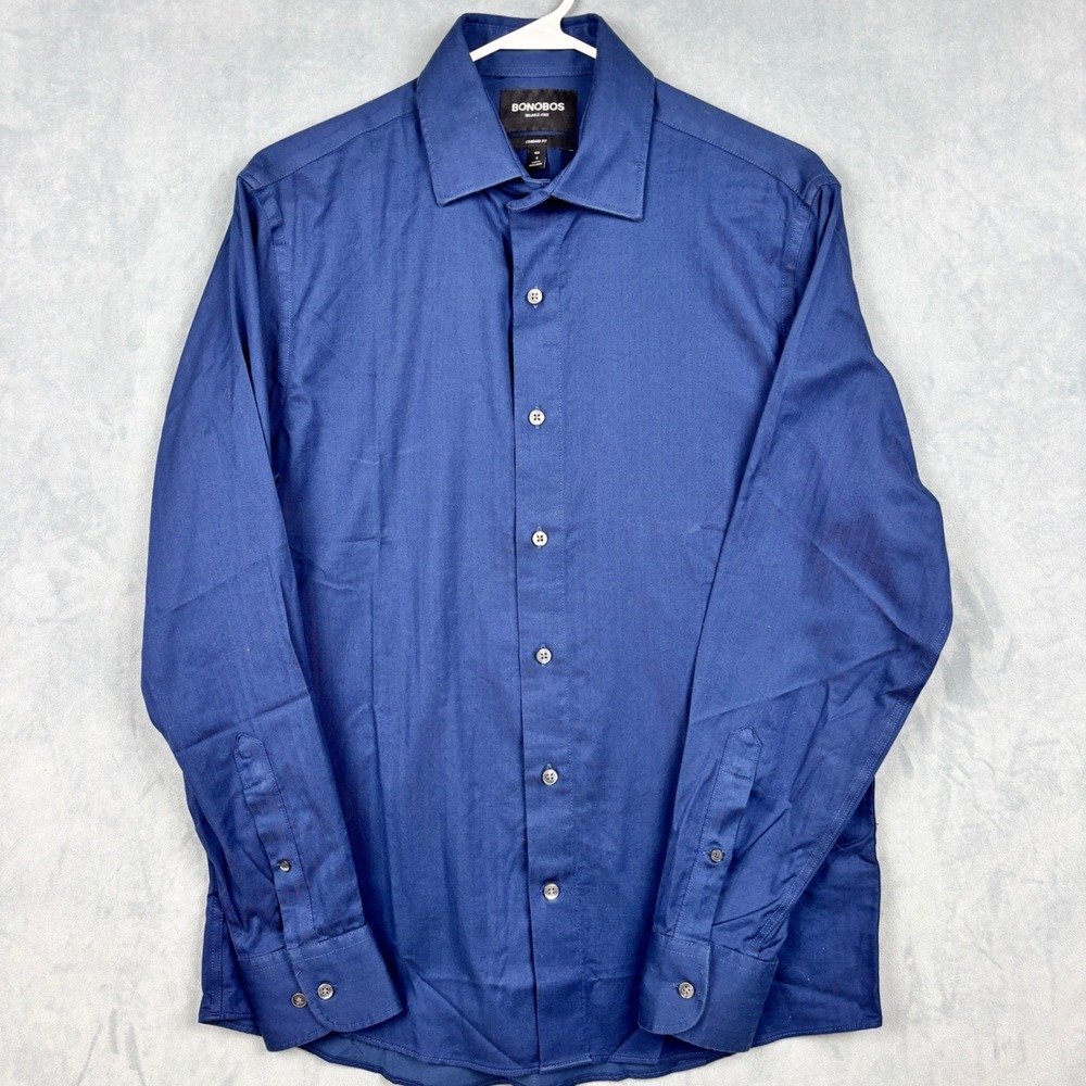 Bonobos Mens Blue Herringbone Wrinkle-Free Standard Fit Dress Shirt S BSH01725D